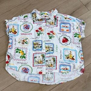 Jane and Delancey Colorful Postcard Print Button Down Shirt